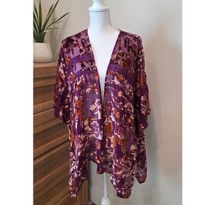 Colleen Lopez Purple Floral Velvet Burnout Kimono Wrap Crochet Trim XL/1X